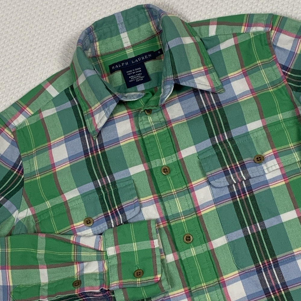 Ralph Lauren Green Blue Plaid Button Down Shirt Women's Size Small 6 Cotton
